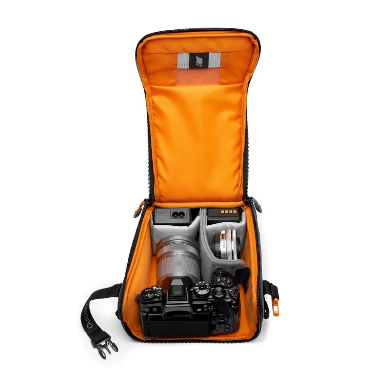 Lowepro GearUp Creator Box Medium II, Mirrorless and DSLR Camera Bag, Camera Case with QuickDoor Access, Made with Recycled Fabric, Orange Padded Interior Dividers, Grey - Image 3