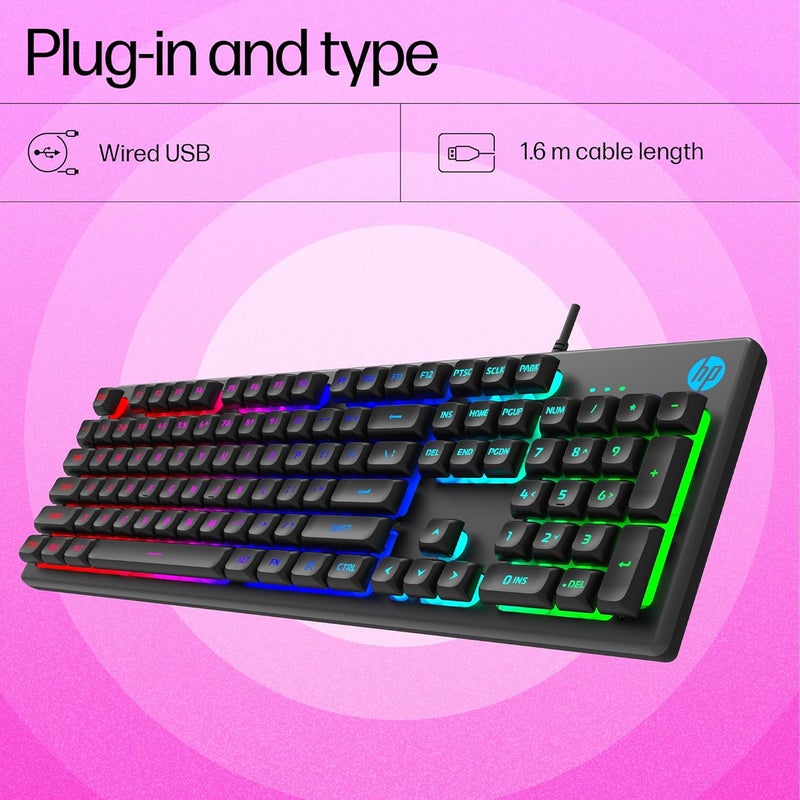 HP K500F Backlit Membrane Wired Gaming Keyboard with Mixed Color Lighting, Metal Panel with Logo Lighting, 26 Anti-Ghosting Keys, and Windows Lock Key / 3 Years Warranty(7ZZ97AA) - Image 2