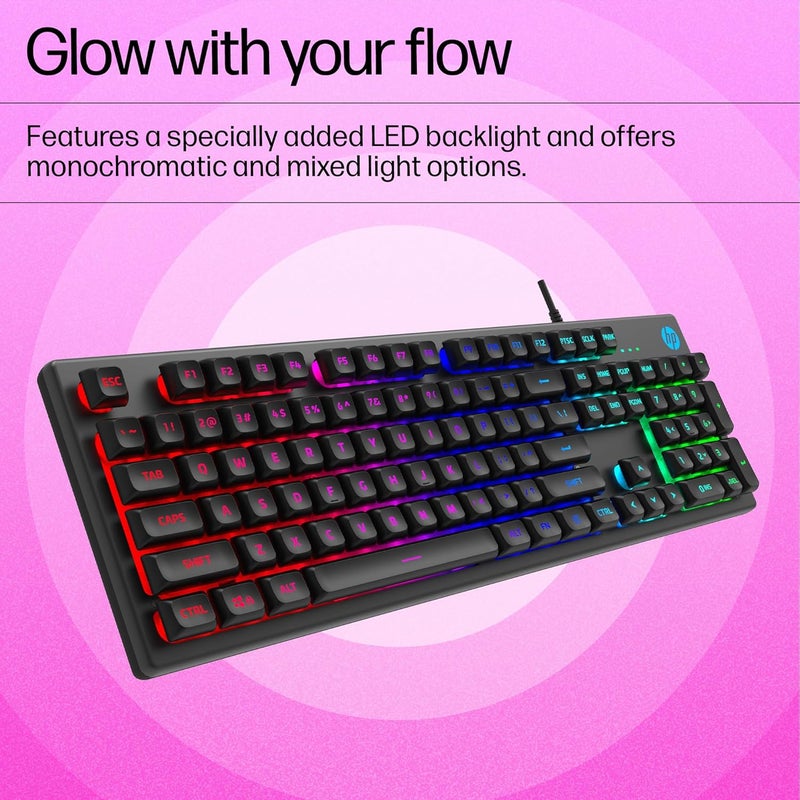 HP K500F Backlit Membrane Wired Gaming Keyboard with Mixed Color Lighting, Metal Panel with Logo Lighting, 26 Anti-Ghosting Keys, and Windows Lock Key / 3 Years Warranty(7ZZ97AA) - Image 5