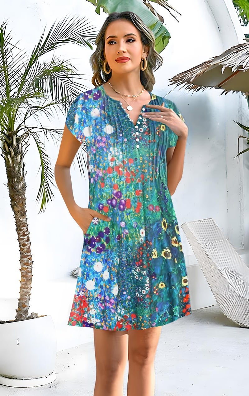 Disamer Womens Casual Dresses Short Sleeve Summer Dresses 2026 Boho Floral Beach Sundresses Spring A-Line Dress with Pockets,Dewdrop Paint,Large - Image 1