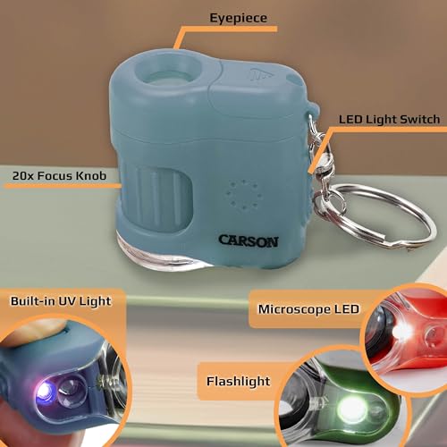 Carson MicroMini Pocket Microscope, 20x Magnification, LED and UV Light, Blue - Image 2