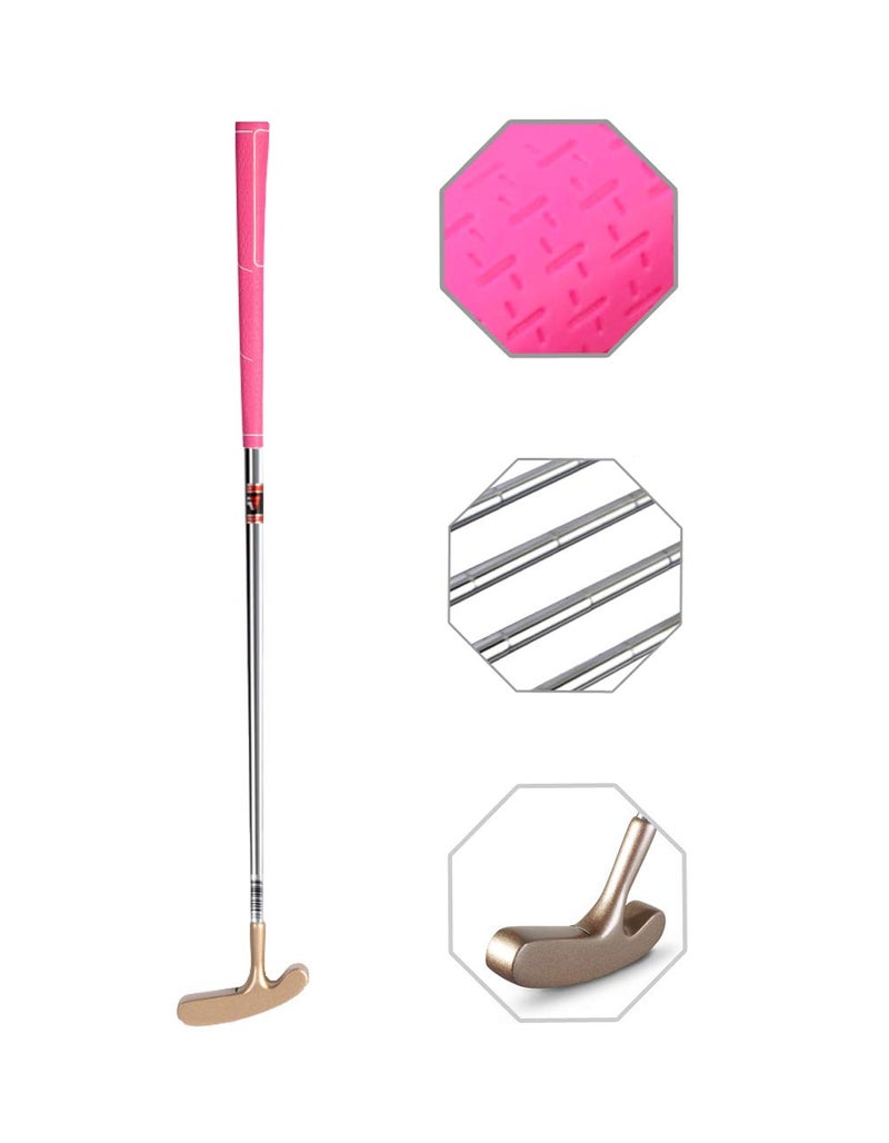 Two Way Junior Golf Putter Stainless Steel Indoor Outdoor Putter Both Left and Right Handed Easily Use (Gold Head+Pink Grip,27 inch)