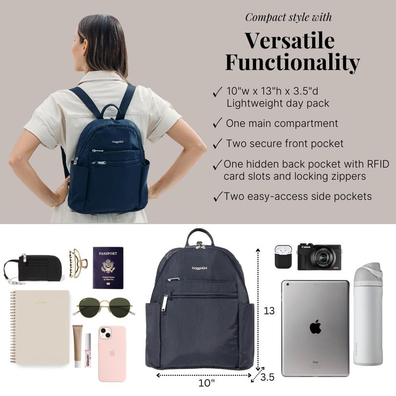 Baggallini SecurtexÂ® Anti-theft Vacation Travel Backpack 10x13" Slash-Resistant Nylon Daypack w/RFID, French Navy - Image 4