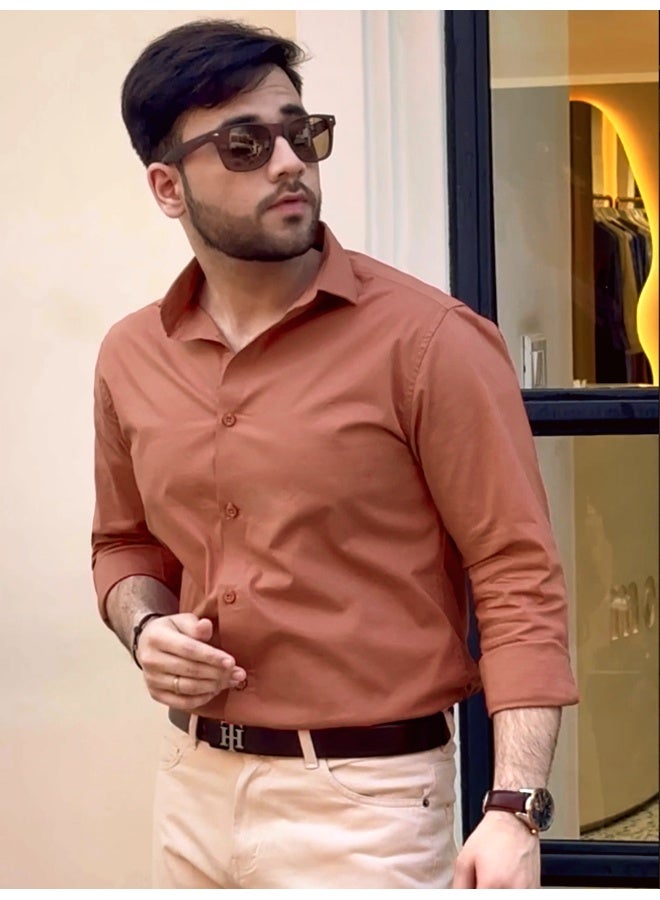 BEYOUNG Brick Red Plain Cotton Shirts - Image 1