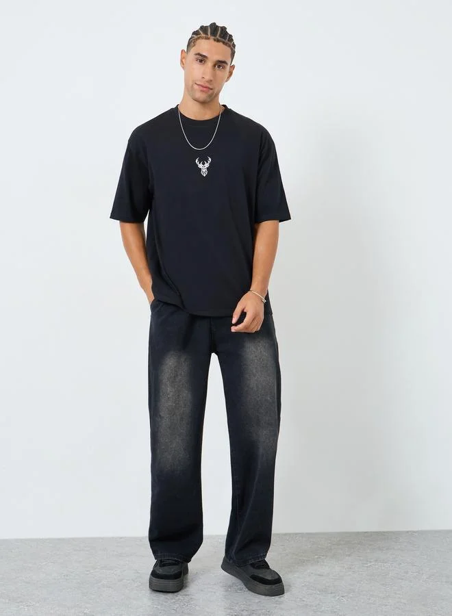 Styli Men Black Oversized T-Shirt with Minimalist Print