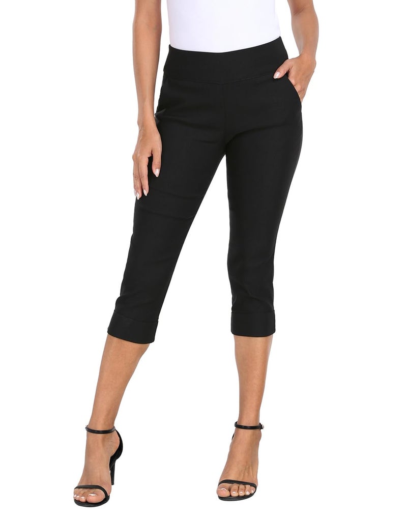 HDE Pull On Capri Pants for Women 19" Inseam Cropped Dress Pants with Pockets Black - M - Image 1