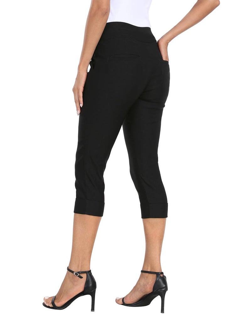 HDE Pull On Capri Pants for Women 19" Inseam Cropped Dress Pants with Pockets Black - M - Image 3