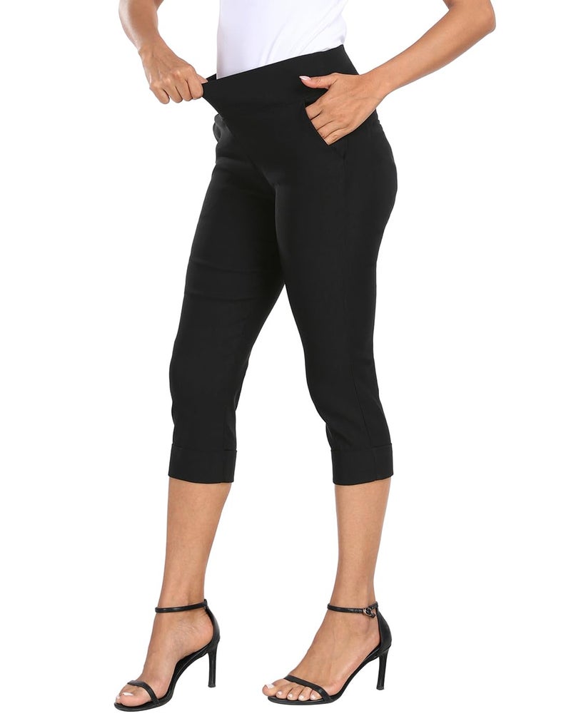 HDE Pull On Capri Pants for Women 19" Inseam Cropped Dress Pants with Pockets Black - M - Image 4