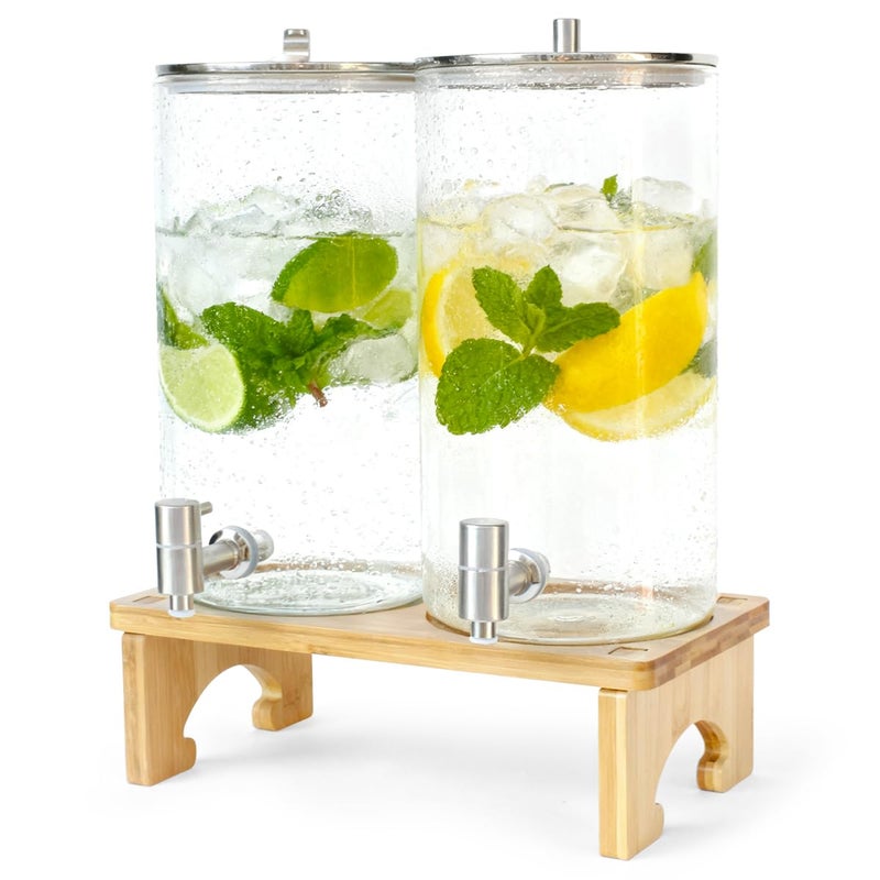 PSUTBPAT 2 Pack 1.5 Gallon Drink dispenser with Standï¼ŒGlass Beverage Dispenser With Wood Stand, 18/8 Stainless Steel Spigot and Labels Large Water Drink Dispensers for Parties, Lemonade,Juice, Tea - Image 1
