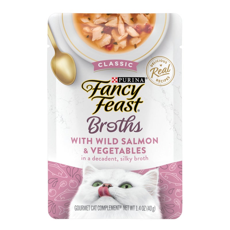 Fancy Feast Purina Fancy Feast Lickable Wet Cat Food Broth Topper Complement, Classic With Wild Salmon and Vegetables - (Pack of 16) 1.4 oz. Pouches - Image 1