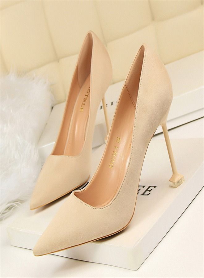BIGTREE Suede Shallow Pointed High Heels 9.5CM Beige