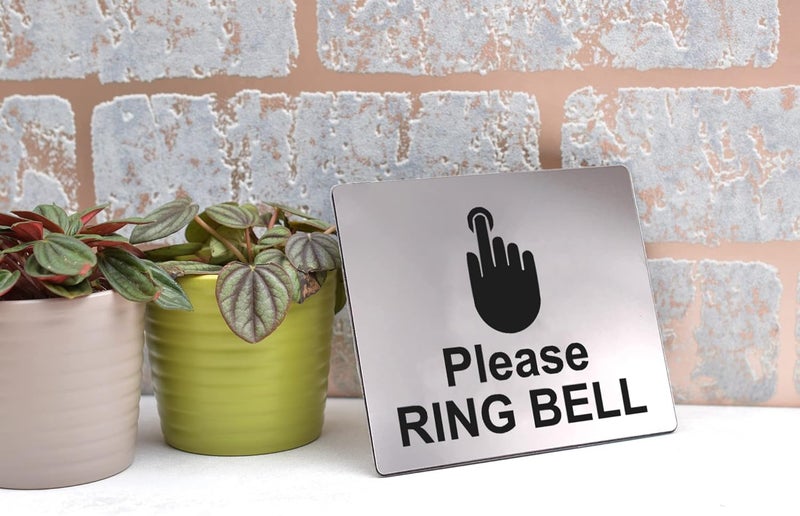 ARS علامة ملصق لافتة من BPA برجاء رن الجرس، فضي/ذهبي/أسود منقوشة برمز أيقوني عالمي ونص (الحجم 12 سم × 10 سم). مقاومة للماء ودائمة. - Image 3