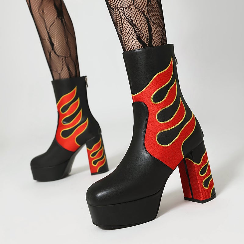 New Punk Style Thick Bottom 40-43 Plus Size Flame Super High-Heeled Low Boots For Women - Image 2