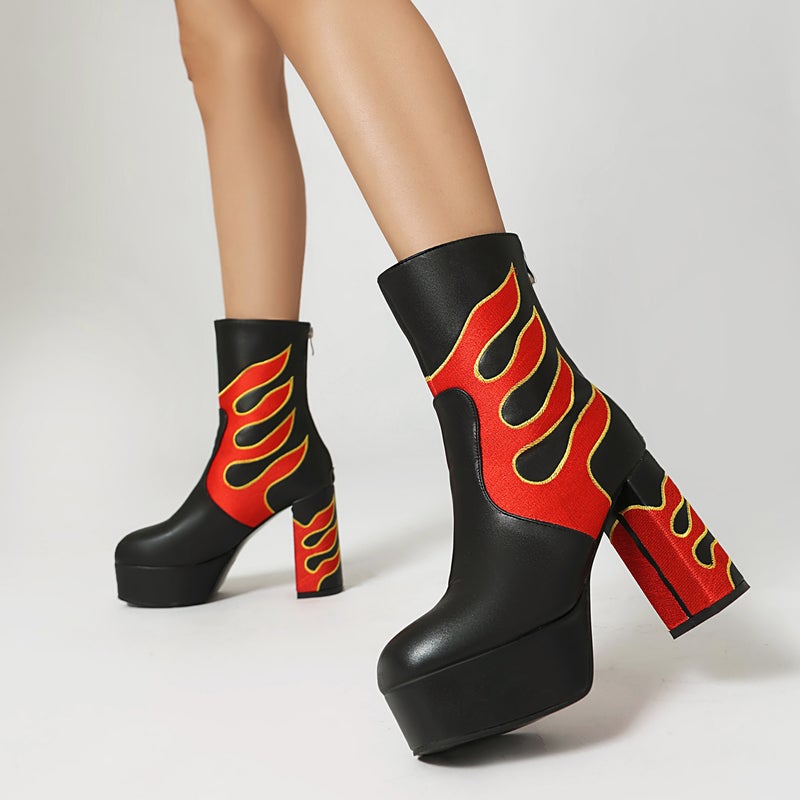 New Punk Style Thick Bottom 40-43 Plus Size Flame Super High-Heeled Low Boots For Women - Image 3