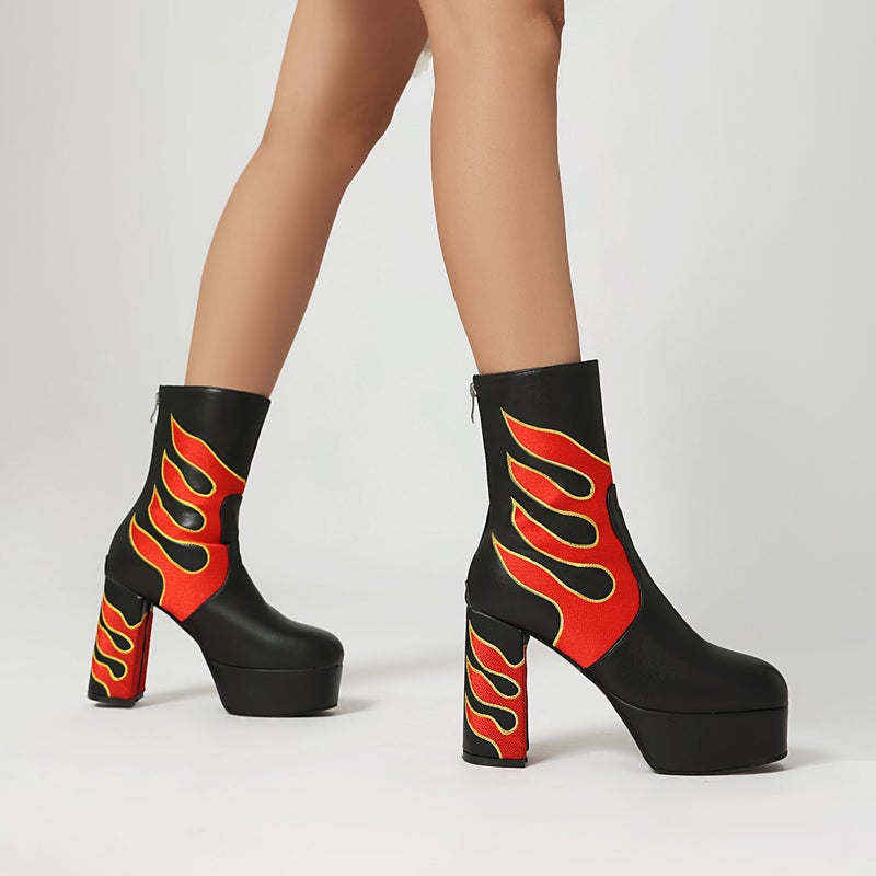 New Punk Style Thick Bottom 40-43 Plus Size Flame Super High-Heeled Low Boots For Women - Image 5