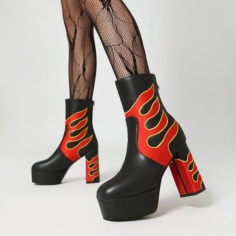 New Punk Style Thick Bottom 40-43 Plus Size Flame Super High-Heeled Low Boots For Women - Image 4