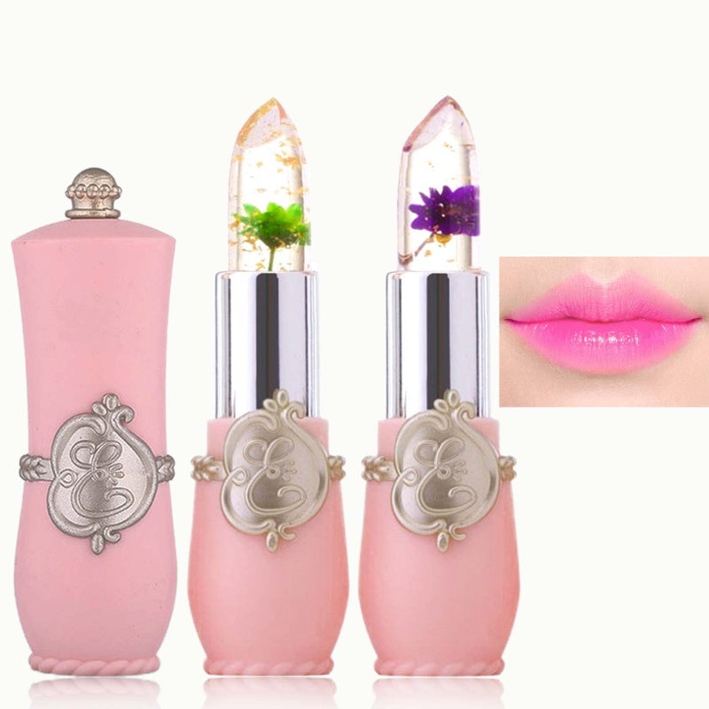 WENJLYJ 2PCS Crystal Flower Jelly Lipstick Clear Lipstick with Flower Inside Magic PH Temperature Color Changing Lip Tint Long Lasting Waterproof Moisturizing Lip Gloss Set0506