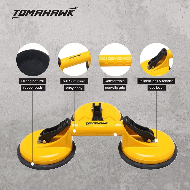 Tomahawk ® TGSC 3 كوب شفط زجاجي فراغي مع مقبض من الألمنيوم لرفع وتحريك ألواح الزجاج الثقيلة، لوحات الجسم، المعادن، نوافذ الزجاج، الرخام – رافع زجاجي بثلاثة رؤوس، عبوة من 2 - Image 2
