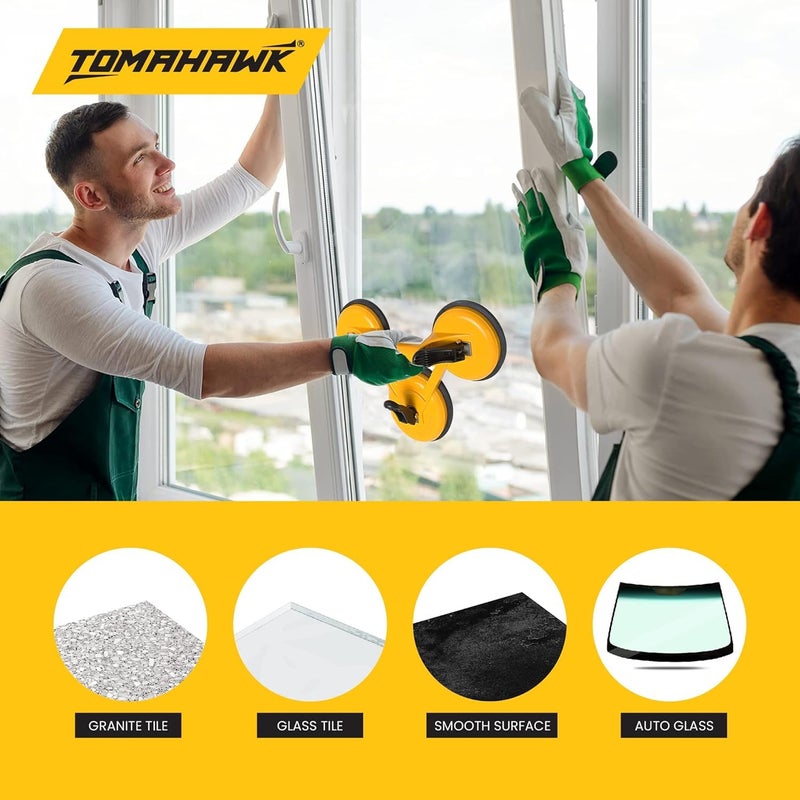 Tomahawk ® TGSC 3 كوب شفط زجاجي فراغي مع مقبض من الألمنيوم لرفع وتحريك ألواح الزجاج الثقيلة، لوحات الجسم، المعادن، نوافذ الزجاج، الرخام – رافع زجاجي بثلاثة رؤوس، عبوة من 2 - Image 3