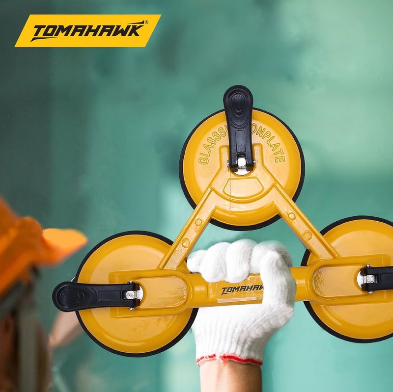 Tomahawk ® TGSC 3 كوب شفط زجاجي فراغي مع مقبض من الألمنيوم لرفع وتحريك ألواح الزجاج الثقيلة، لوحات الجسم، المعادن، نوافذ الزجاج، الرخام – رافع زجاجي بثلاثة رؤوس، عبوة من 2 - Image 4