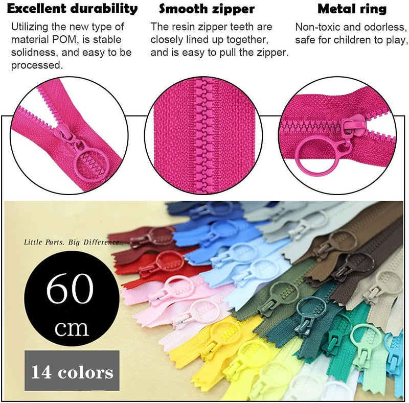 Wonesifee Plastic Zippers Colorful Resin 14pcs with Ring Pulls #3 with Lifting Separating Zippers for Clothes DIY Children Coat Sewing Craft Bags Mixed 14 Colors (60cm) 24inch - Image 5