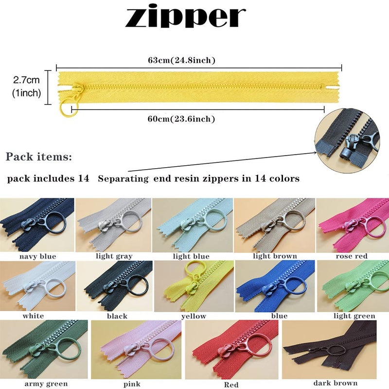 Wonesifee Plastic Zippers Colorful Resin 14pcs with Ring Pulls #3 with Lifting Separating Zippers for Clothes DIY Children Coat Sewing Craft Bags Mixed 14 Colors (60cm) 24inch - Image 3