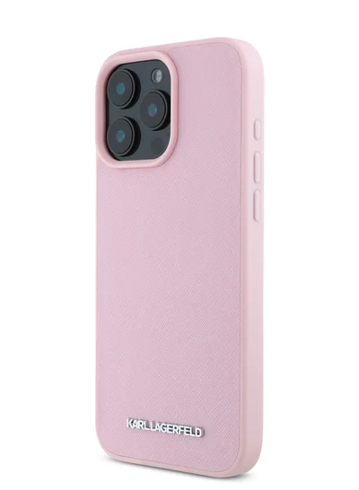 Karl Lagerfeld iPhone 16 Pro Case Saffiano Leather Hard Cover with Elongated Metal Logo / Drop Protection/ Slim Profile - Pink