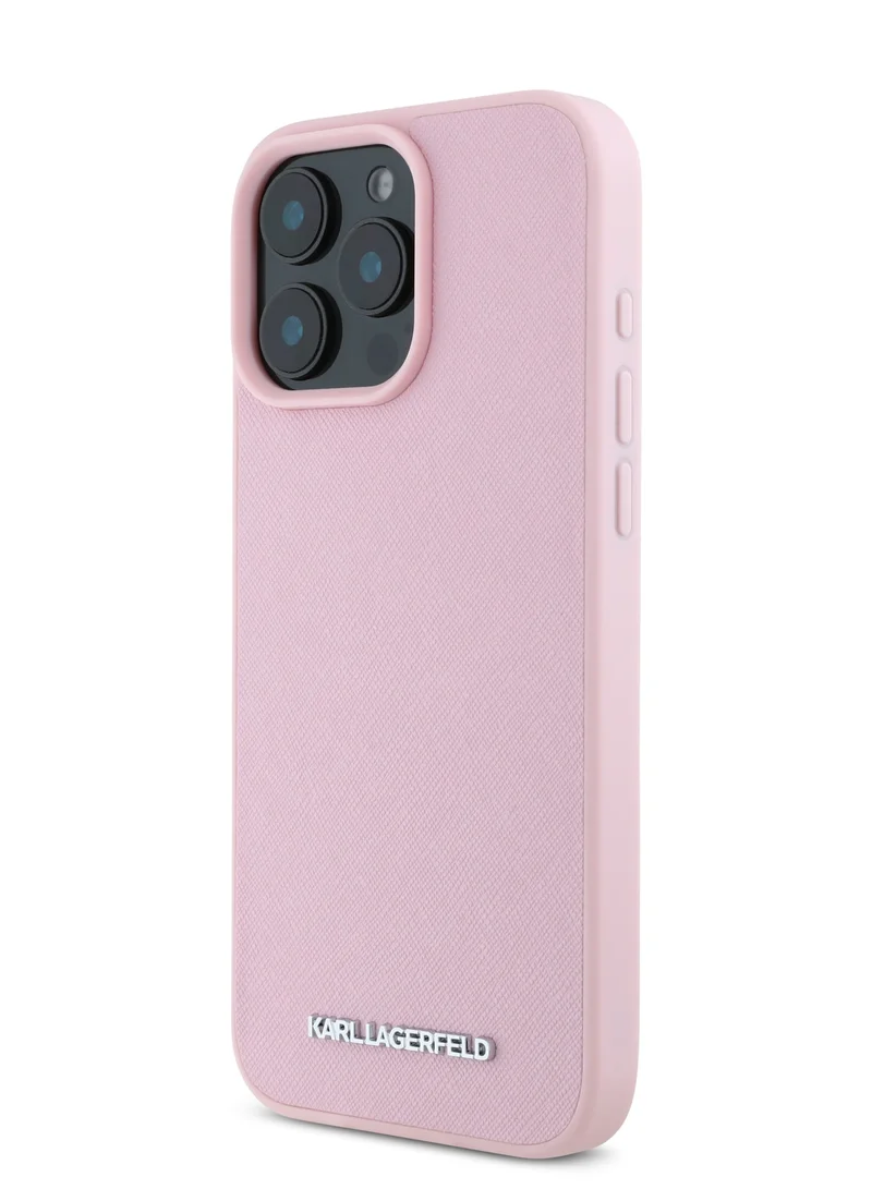 كارل لاغرفيلد جراب iPhone 16 Pro مصنوع من جلد سافيانو الصلب مع شعار معدني ممدود / حماية من السقوط / تصميم نحيف - وردي