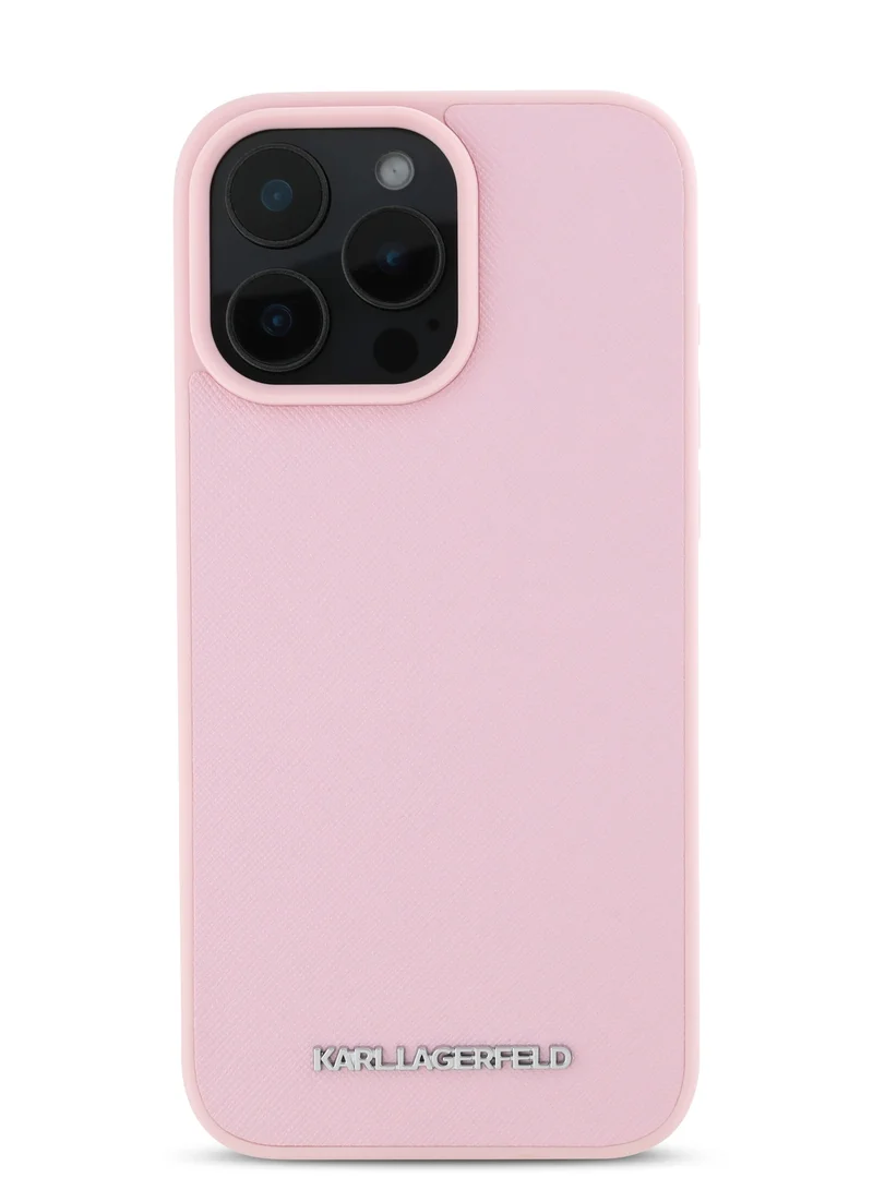 كارل لاغرفيلد جراب iPhone 16 Pro مصنوع من جلد سافيانو الصلب مع شعار معدني ممدود / حماية من السقوط / تصميم نحيف - وردي