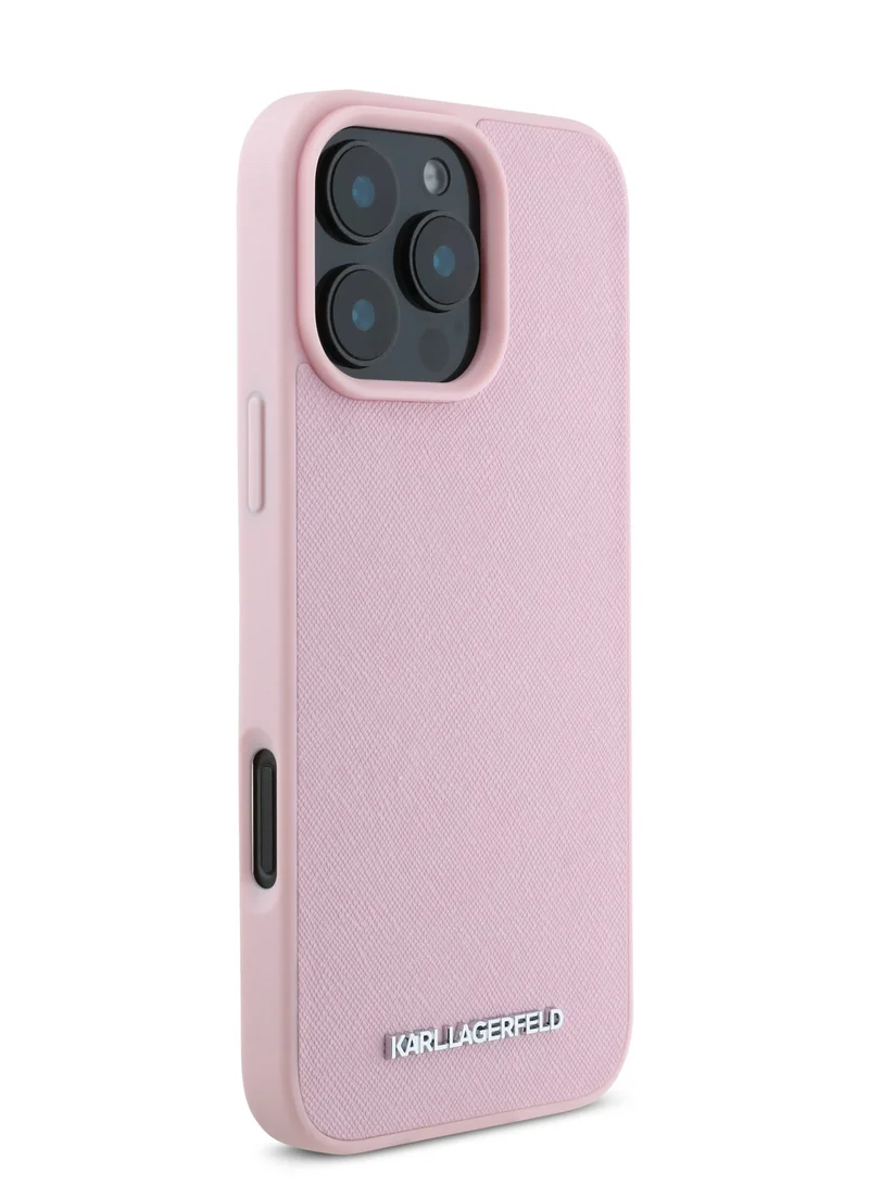 كارل لاغرفيلد جراب iPhone 16 Pro مصنوع من جلد سافيانو الصلب مع شعار معدني ممدود / حماية من السقوط / تصميم نحيف - وردي