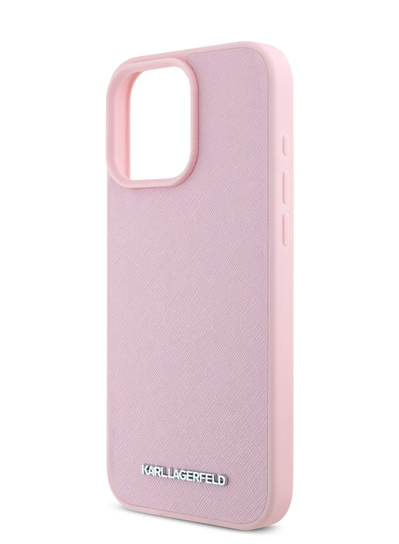 كارل لاغرفيلد جراب iPhone 16 Pro مصنوع من جلد سافيانو الصلب مع شعار معدني ممدود / حماية من السقوط / تصميم نحيف - وردي