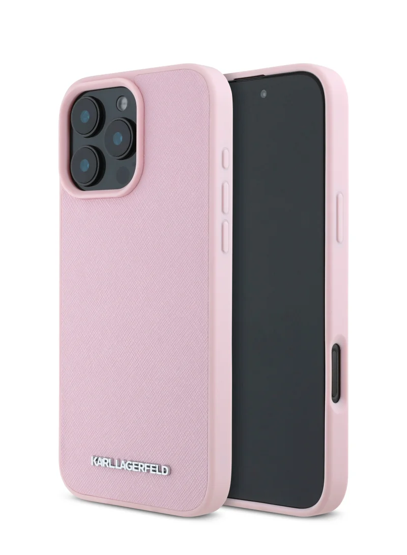 كارل لاغرفيلد جراب iPhone 16 Pro مصنوع من جلد سافيانو الصلب مع شعار معدني ممدود / حماية من السقوط / تصميم نحيف - وردي