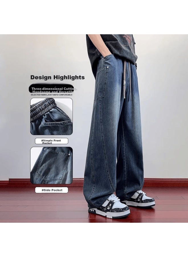 Wassup Sohot Men's Jeans, Autumn High Street Loose Straight-leg Pants, American Trendy Brand, Plus Size Casual Trousers, Blue, XL - Image 3