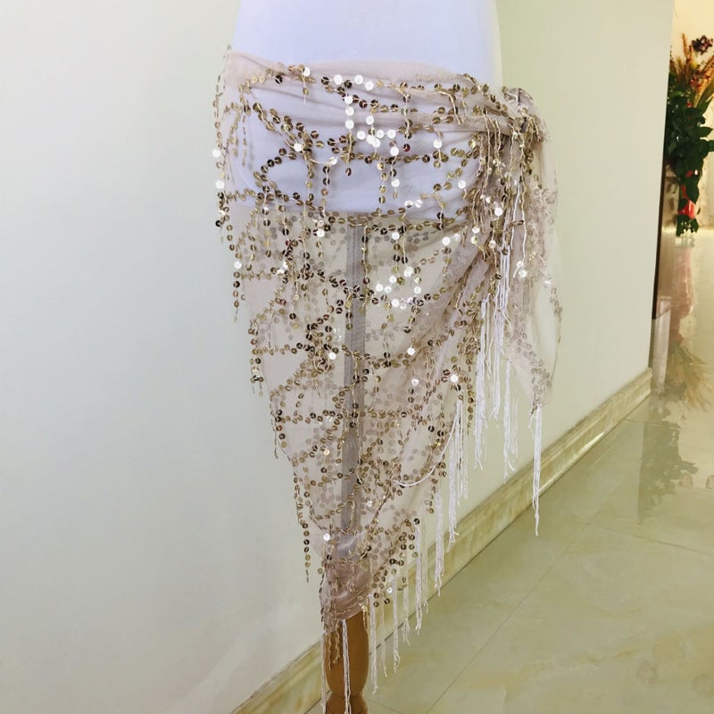 In stock belly dance waist chain beginner Indian dance practice hip towel tassel sequined triangle towel belt performance waist towel Apricot