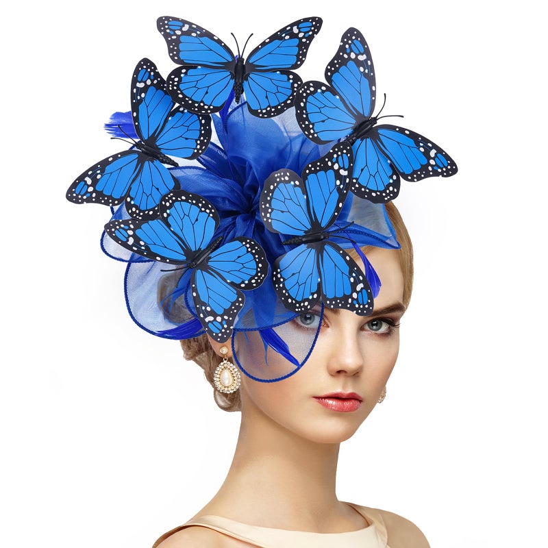 Zinniday Butterfly Organza Derby Hats - 1920s 50s Blue Monarch Butterfly High Tea Party Hat with Hairpin, 2026 Derby Attire Headwear for Women Lady Girls Masquerade Ball Party Costume - Image 1