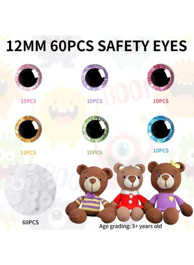 Chabeia 120pcs 12mm 3D Glitter Plastic Safety Eyes, for Amigurumi Trapezoid,  Craft Crochet Doll Eyes, with Washers Stuffed Animal Eyes, for DIY of Puppet, Bear Plush Animal（6 Colors） - Image 2
