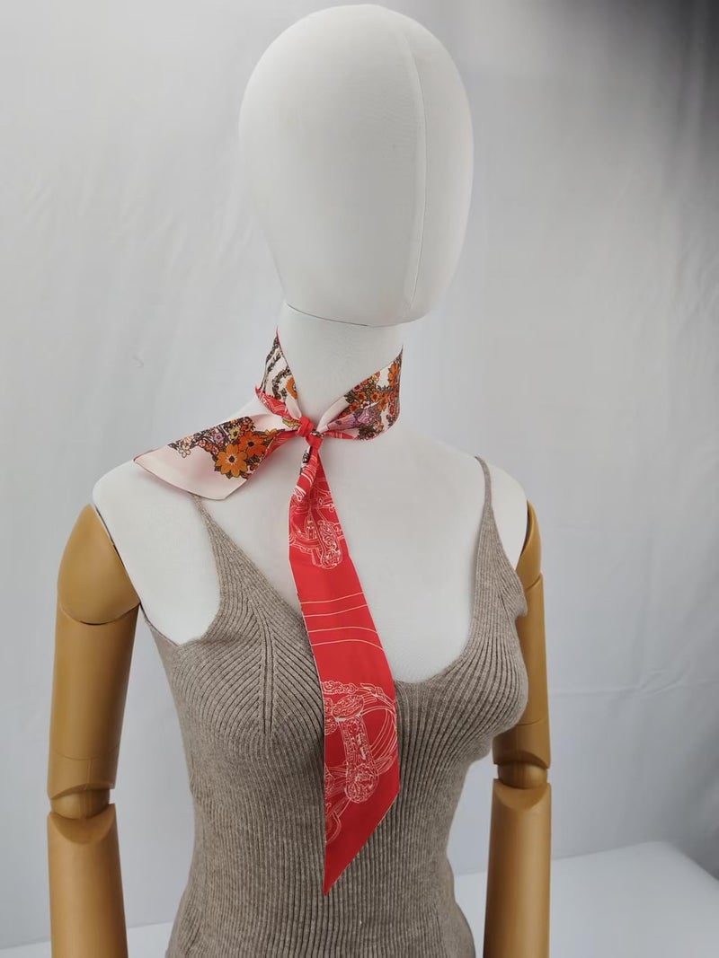 COtheSumay Mulberry Silk Scarf for Handbags & Purses, 2''x35'' Hair Ribbon Skinny Neck Scarves for Wome (Horse reins + Flower: Off-white - Image 4