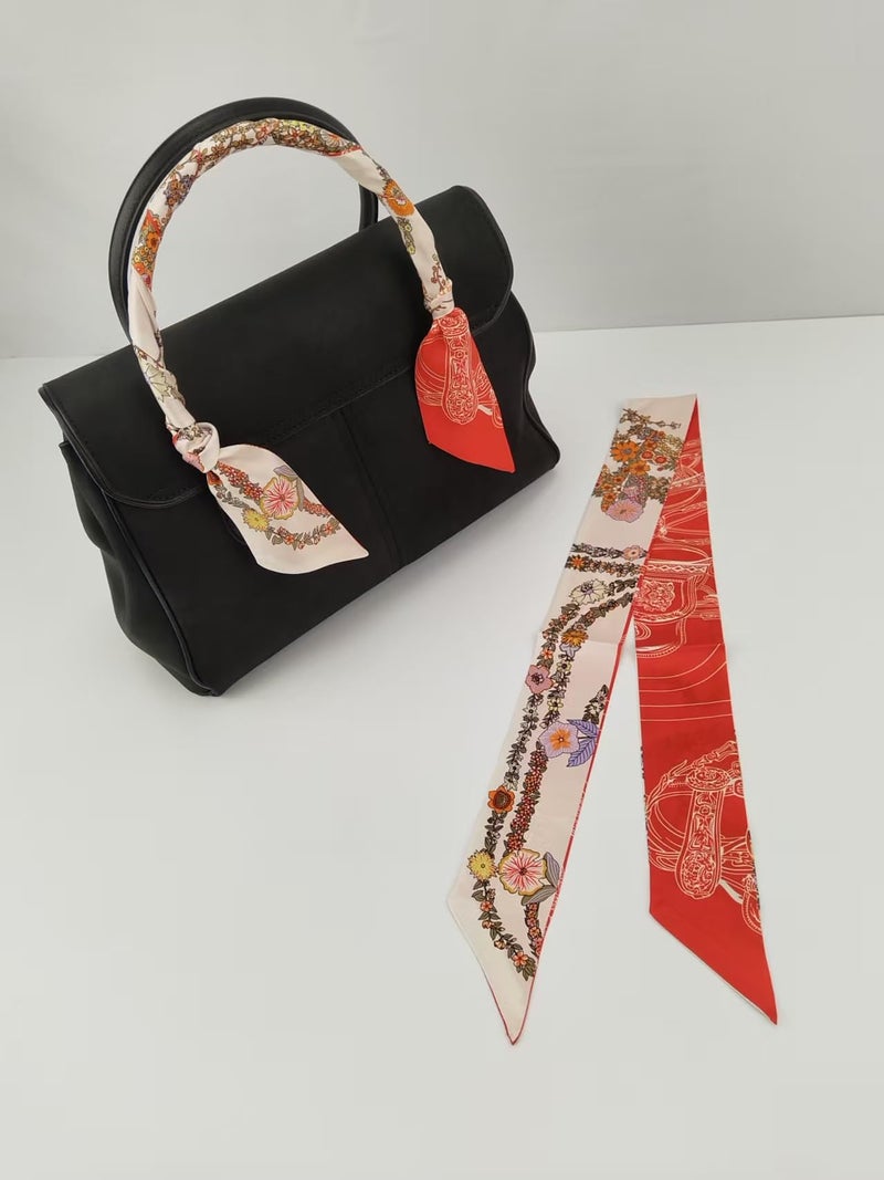 COtheSumay Mulberry Silk Scarf for Handbags & Purses, 2''x35'' Hair Ribbon Skinny Neck Scarves for Wome (Horse reins + Flower: Off-white - Image 3