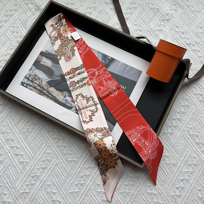 COtheSumay Mulberry Silk Scarf for Handbags & Purses, 2''x35'' Hair Ribbon Skinny Neck Scarves for Wome (Horse reins + Flower: Off-white - Image 2