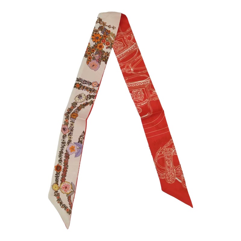 COtheSumay Mulberry Silk Scarf for Handbags & Purses, 2''x35'' Hair Ribbon Skinny Neck Scarves for Wome (Horse reins + Flower: Off-white - Image 1