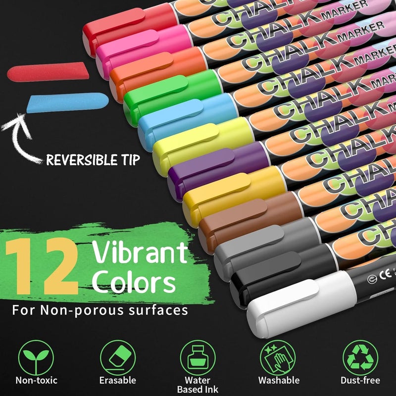 SAKEYR Liquid Erasable Chalk Markers Pens - 12 Colors Washable & Wet Erase Neon Makers for Blackboard, Chalkboard Signs, Glass Window, Graduation Celebration School Kids Art for Cars - Image 5