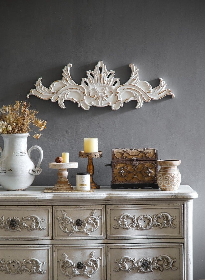 SOFE Vintage Wood Wall Sculpture, 32 Inches Long Horizontal Wall Art, Above Door Wall Decor, Decorative Floral Baroque Design, Hand-Carved Look with Accents - Image 3