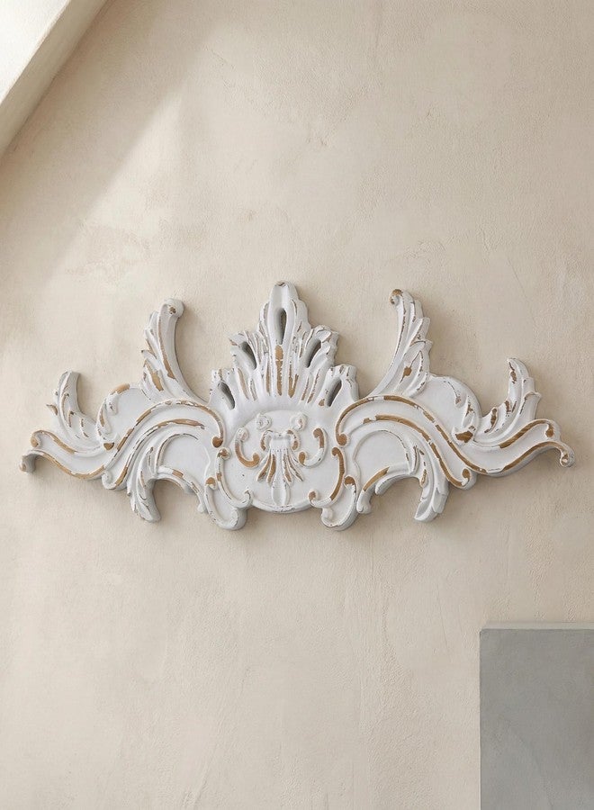 SOFE Vintage Wood Wall Sculpture, 32 Inches Long Horizontal Wall Art, Above Door Wall Decor, Decorative Floral Baroque Design, Hand-Carved Look with Accents - Image 1