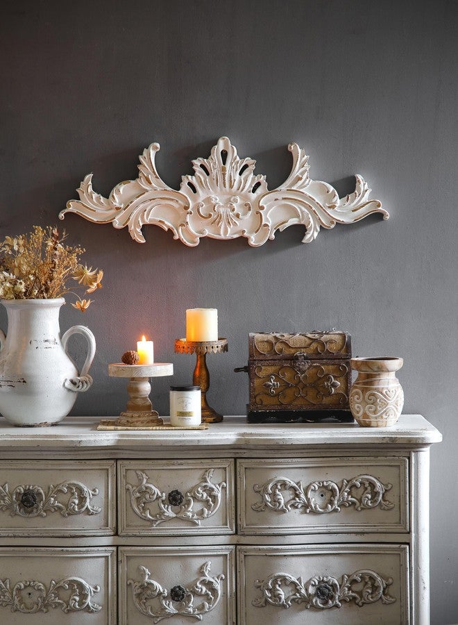 SOFE Vintage Wood Wall Sculpture, 32 Inches Long Horizontal Wall Art, Above Door Wall Decor, Decorative Floral Baroque Design, Hand-Carved Look with Accents - Image 4