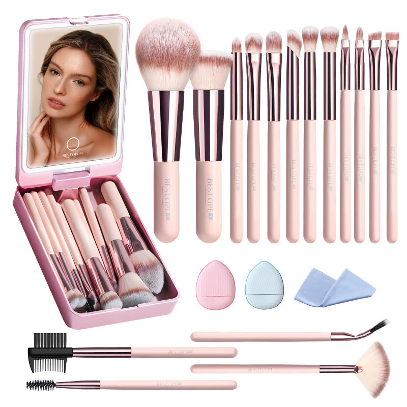 BESTOPE PRO Makeup Brushes with Case, 20PCs Travel Makeup Brush Set, Foundation Concealer Blush Eyeshadow Brush Set Contour Powder Eyebrow Eyelash Brush Kit with Led Light Mirror Holder & 2 Powder Puff-Pink - Image 1