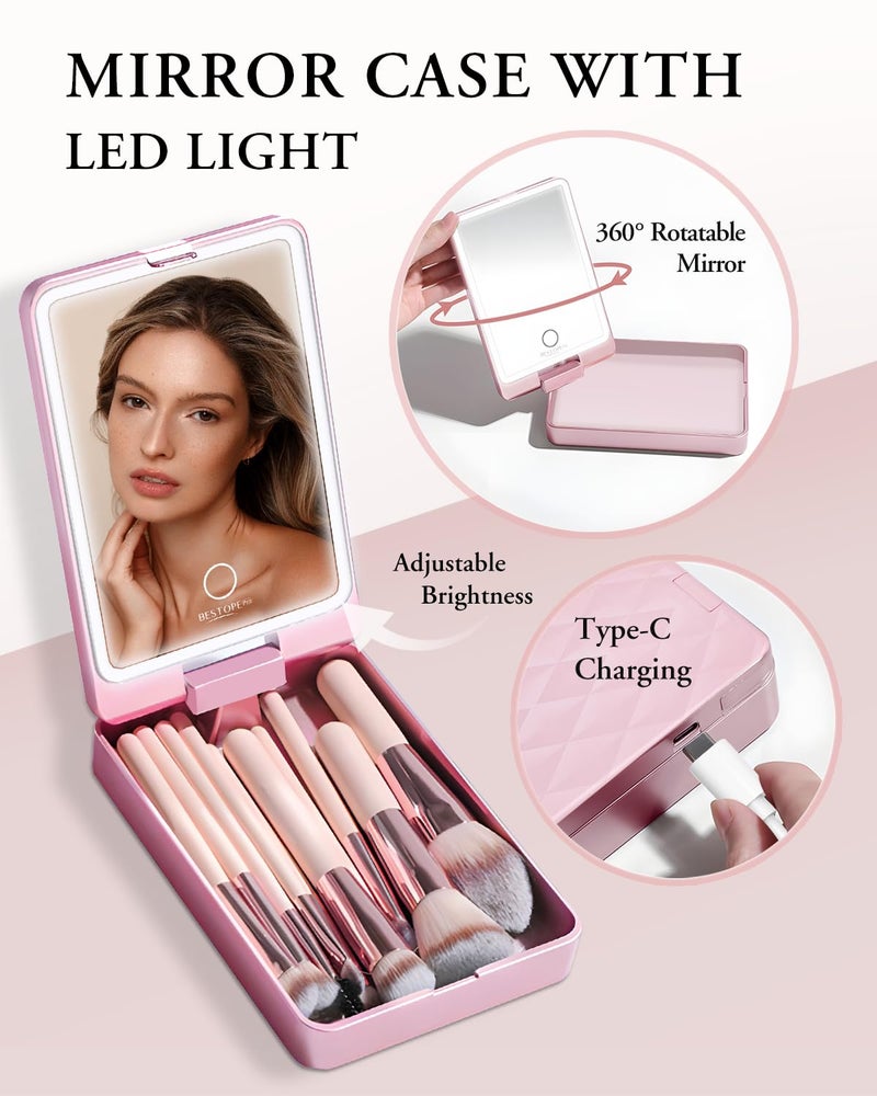 BESTOPE PRO Makeup Brushes with Case, 20PCs Travel Makeup Brush Set, Foundation Concealer Blush Eyeshadow Brush Set Contour Powder Eyebrow Eyelash Brush Kit with Led Light Mirror Holder & 2 Powder Puff-Pink - Image 4