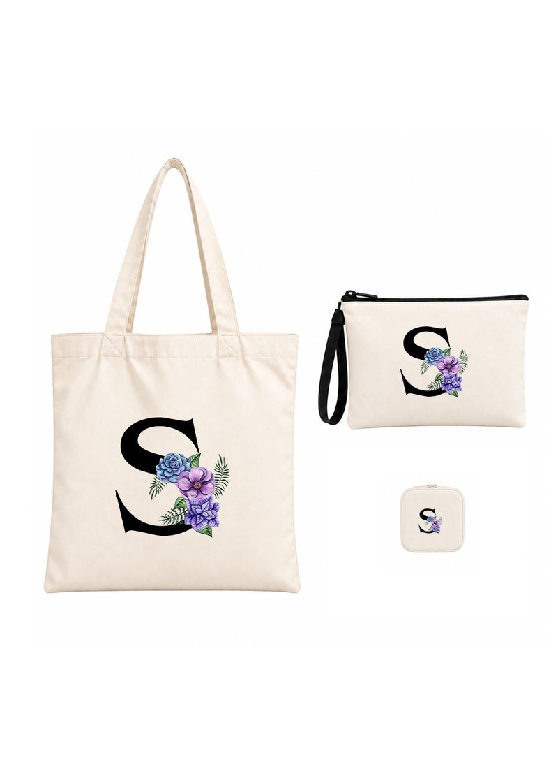 برينت شوب فور مي مجموعة هدايا (حرف مزين بالزهور): حقيبة تسوق (Tote Bag) + حقيبة صغيرة (Pouch) + علبة مجوهرات (3 في 1) - Image 1