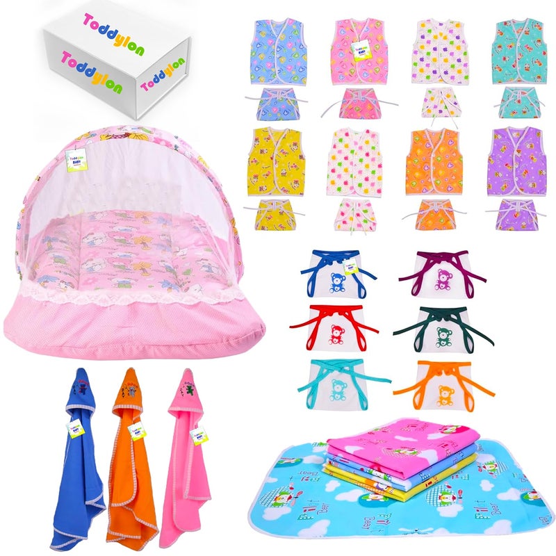 Toddylon Flat Bed 30 in 1 New Born Baby Products All Gift Pack | Baby Bedding Set | Baby Clothes | Essentials Items | Combo Set | Infants | Just Born Boys Girls | Baby Bed (Multicolor, 0-6 Months) - Image 1