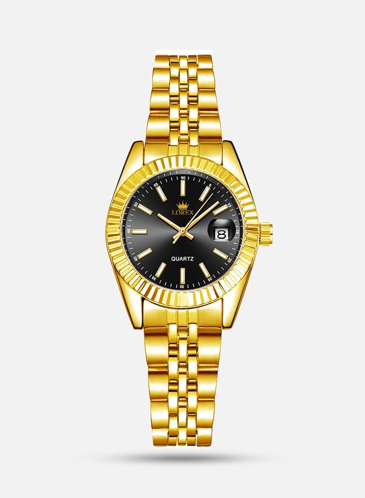 لوركس ساعة نسائية كلاسيكية ضد الماء مع عداد تاريخ بلون ذهبي