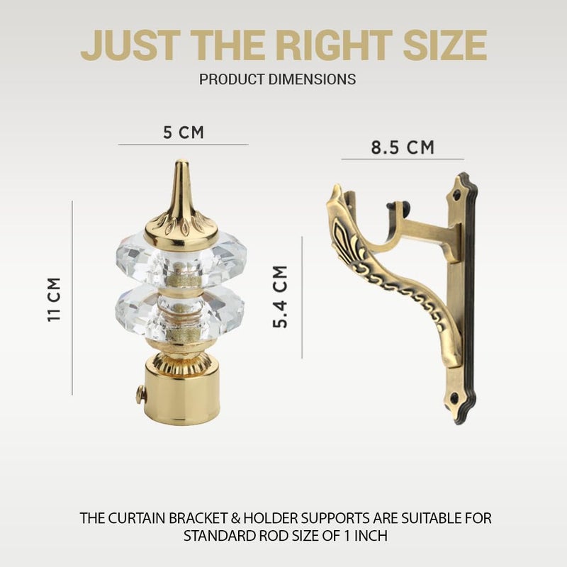 GLOXY ENTERPRISE Aluminium Double Diamond Curtain Brackets Parda Holders with Support Fittings 1 Inch Rod Pocket Finials Designer Door and Window Golden 4 Pair - Image 3